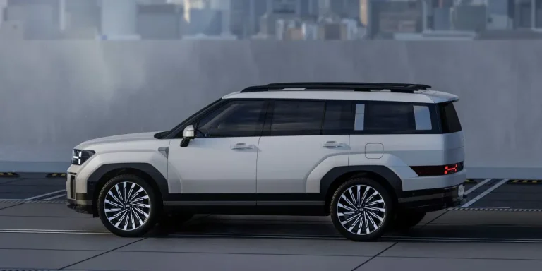 Hyundai Santa Fe lease - zijaanzicht van de witte uitvoering met een skyline op de achtergrond