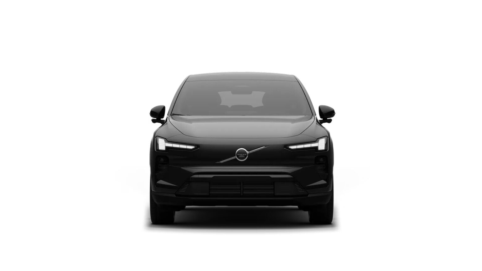 Elektrische Volvo SUV zakelijk rijden - vooraanzicht van de zwarte EX60 op witte studio-achtergrond