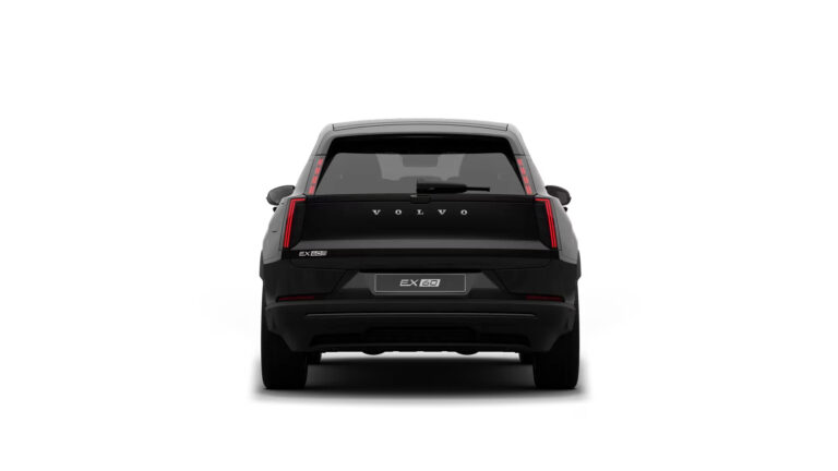 Elektrische Volvo SUV zakelijk rijden - achteraanzicht met EX60-badge op witte studio-achtergrond