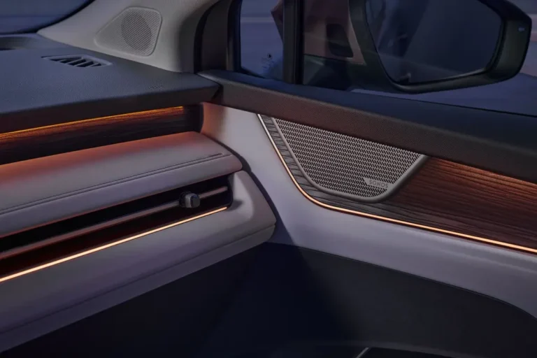 Skoda Peaq zakelijk leasen - close-up van het portier met houtlook-afwerking en sfeerverlichting