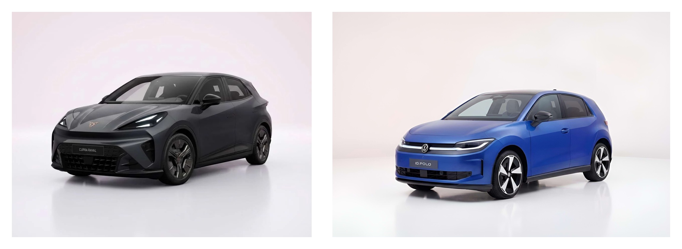 Cupra Raval en Volkswagen ID. Polo naast elkaar, driekwart vooraanzicht