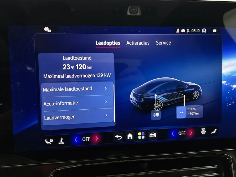 Mercedes-Benz CLA, infotainmentscherm met energie- en verbruiksinformatie