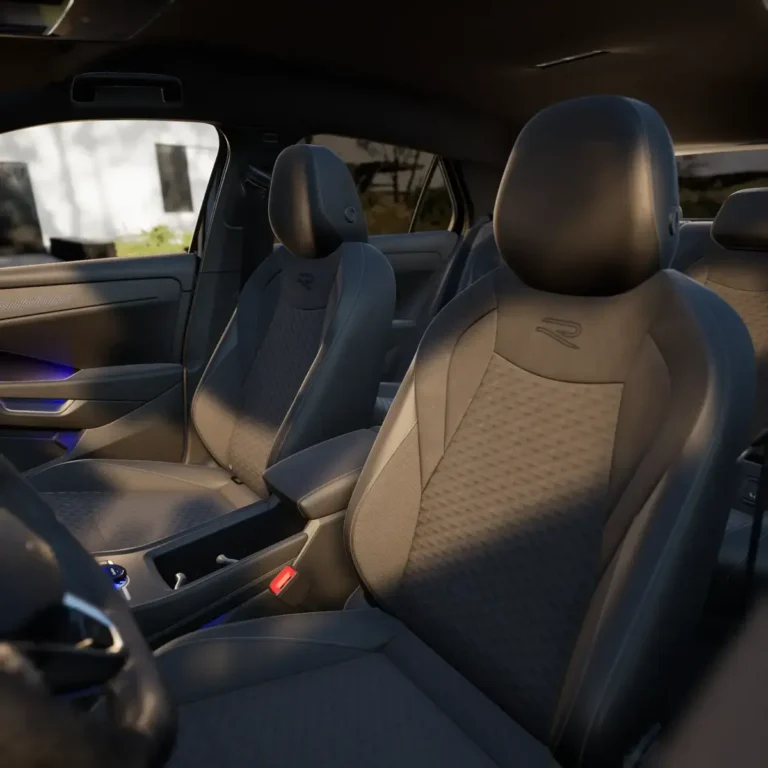 De auto, interieur met voorstoelen en middenconsole, zijaanzicht van rechts