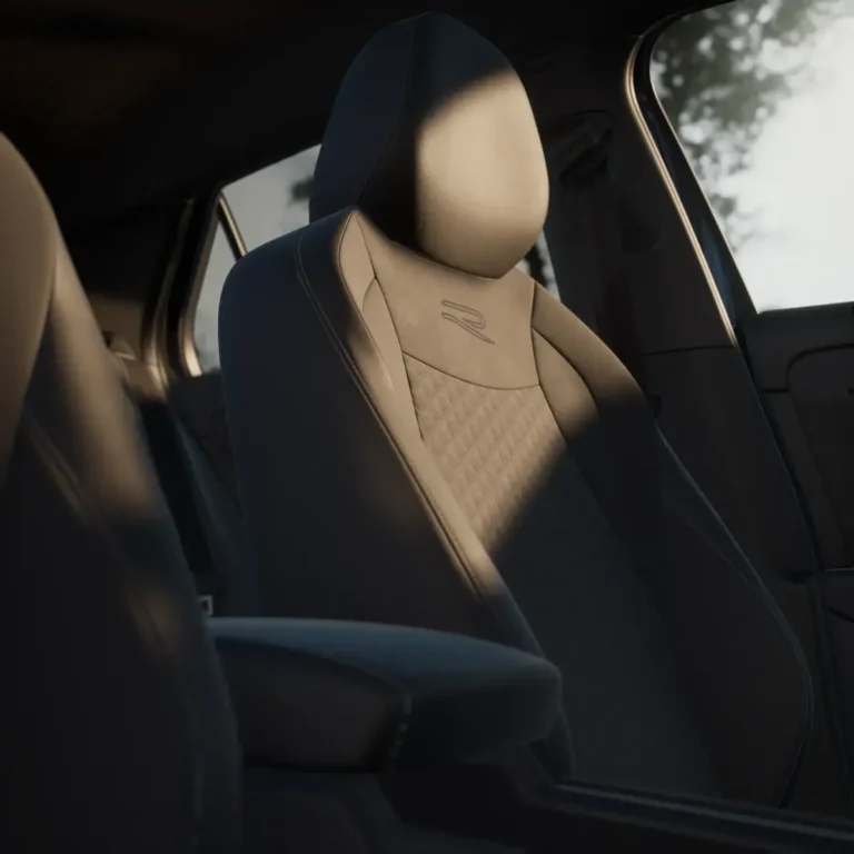 De auto, voorstoel met beige en zwart leer bekleding, zijaanzicht interieur