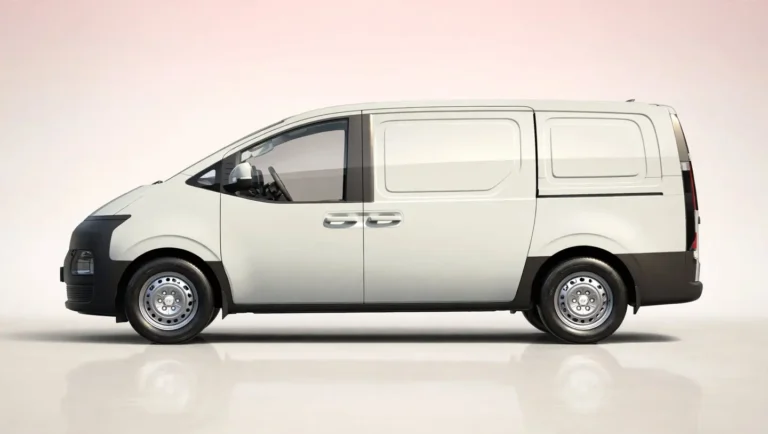 Hyundai Staria Electric Cargo bedrijfswagen leasen, linkerzijkant van de witte elektrische bestelwagen