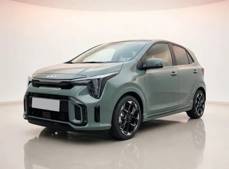 Kia Picanto zakelijk leasen, GT-Line in Adventurous Green schuin van voren links met 16-inch velgen